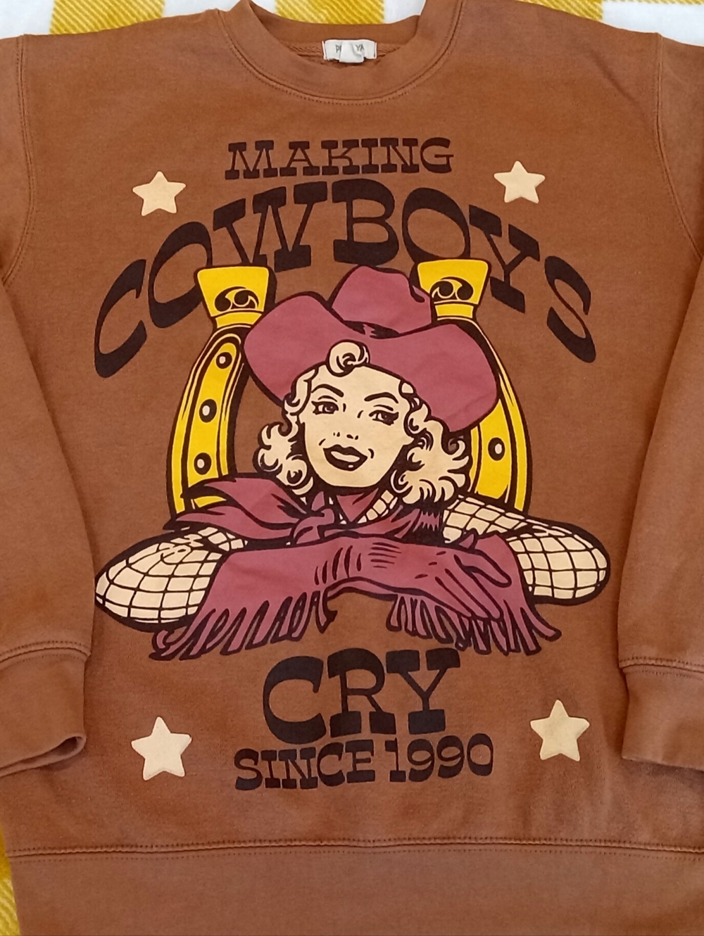 Vintage-style "Making Cowboys Cry" Graphic Sweatshirt in Brown & Pink